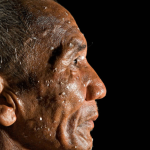 Fish scales cover this fisher's face while he prepares dried fish to sell in the market.